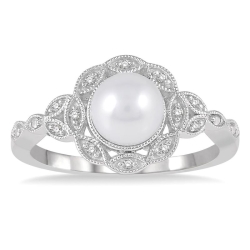 Vintage Inspired Silver Pearl & Diamond Ring