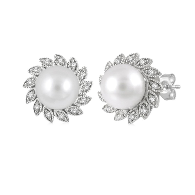Pearl Stud Earrings w/ Diamond Swirl Halo