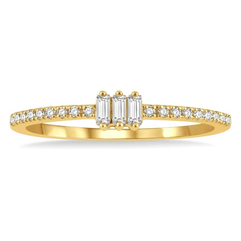 10k Yellow .20cttw Round/Baguette Diamond 3 Stone Petite Stackable Ring 10k Yellow .20cttw Round/Baguette Diamond 3 Stone Petite Stackable Ring