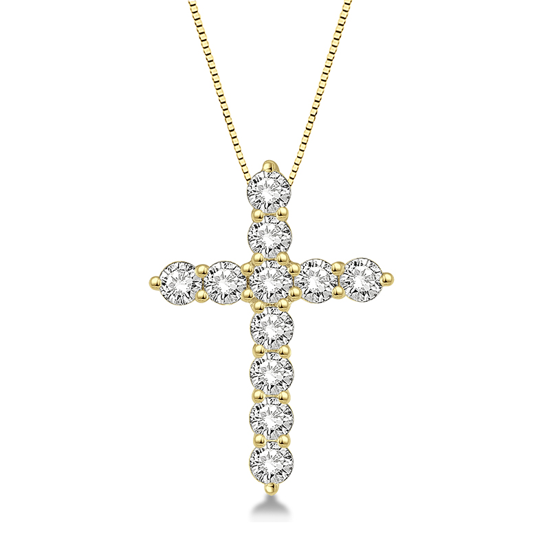 14k Yellow Gold .75cttw Round Diamond Cross Pendant w/ 18" Chain