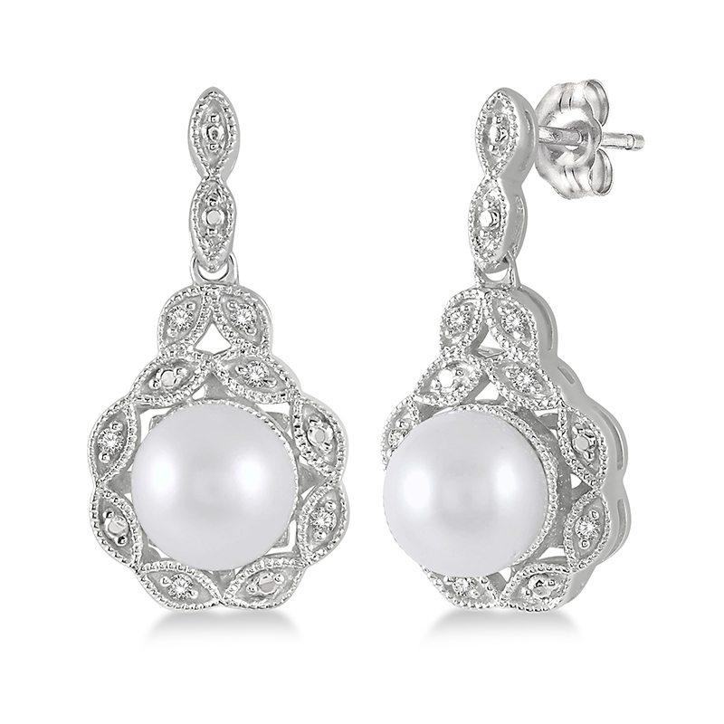 Sterling Silver White Pearl & Diamond Vintage Inspired Dangle Earrings Sterling Silver White Pearl & Diamond Vintage Inspired Dangle Earrings