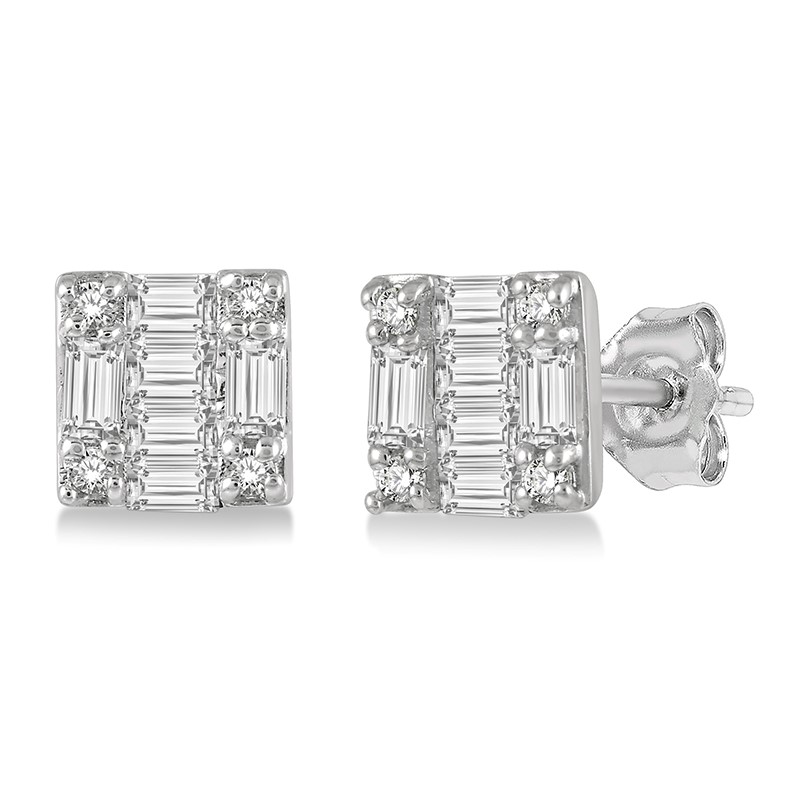 10k White Gold .15cttw Round/Baguette Diamond Square Petite Stud Earrings 10k White Gold .15cttw Round/Baguette Diamond Square Petite Stud Earrings