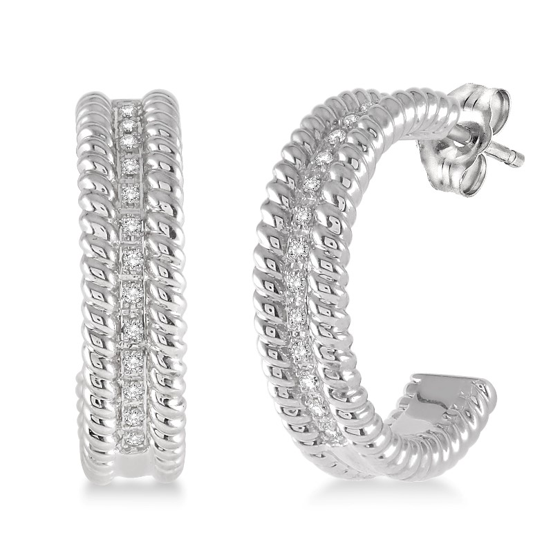 Sterling Silver & Diamond 1/2 Hoop Earrings Sterling Silver & Diamond 1/2 Hoop Earrings