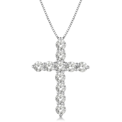 14k White Gold 1.00cttw Round Diamond Cross Pendant w/ 18" Chain thumbnail 1