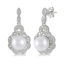 Sterling Silver White Pearl & Diamond Vintage Inspired Dangle Earrings thumbnail 1