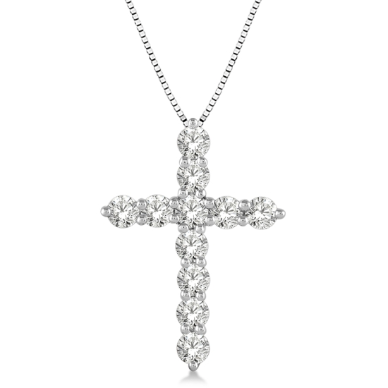 14k White Gold 1.00cttw Round Diamond Cross Pendant w/ 18" Chain
