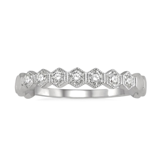 14k White Gold Round Diamond Hexagon Stackable Ring