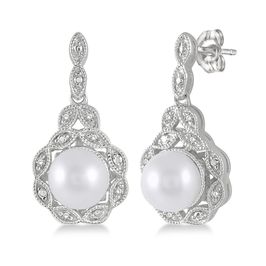 Sterling Silver White Pearl & Diamond Vintage Inspired Dangle Earrings