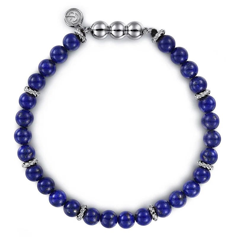 Men's Sterling Silver and 6mm Lapis Beaded Bracelet Men's Sterling Silver and 6mm Lapis Beaded Bracelet