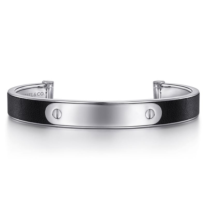 Men's Sterling Silver and Leather ID Cuff Bracelet Men's Sterling Silver and Leather ID Cuff Bracelet