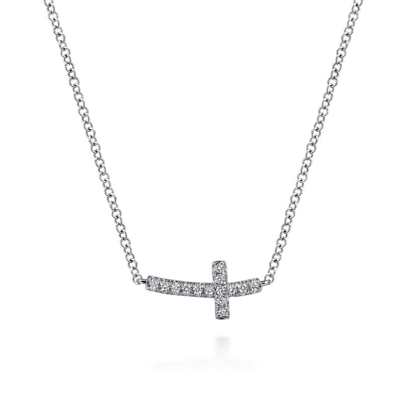 14K White Gold Sideways Curved Diamond Cross Necklace 14K White Gold Sideways Curved Diamond Cross Necklace