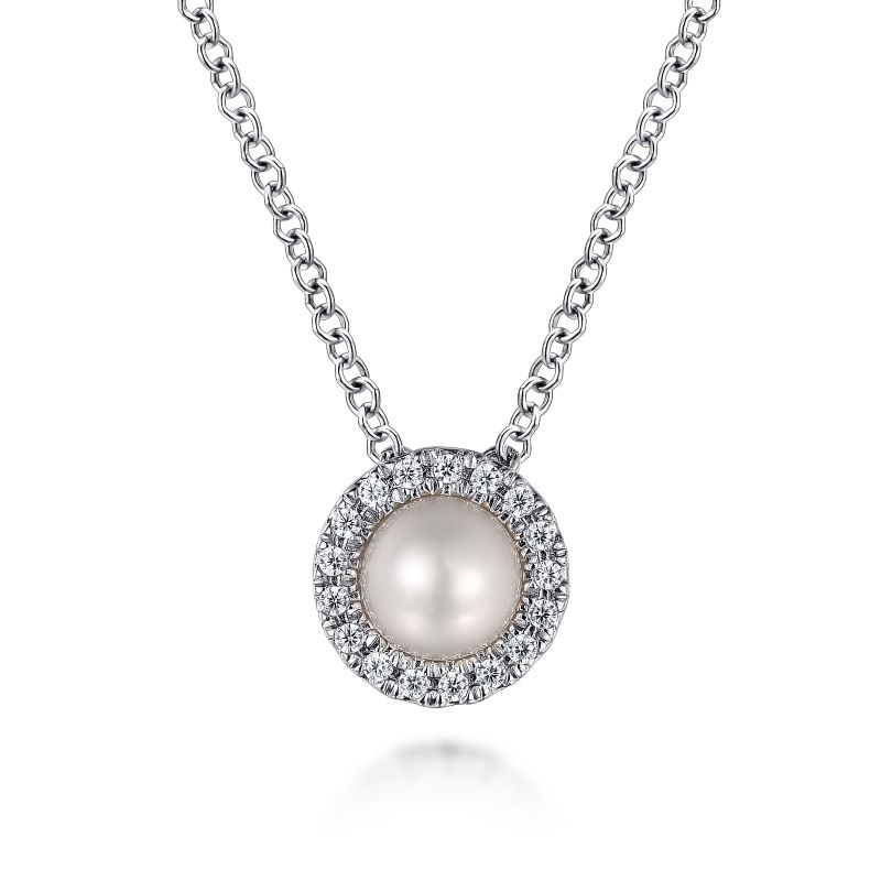 14K White Gold Pearl and Diamond Halo Pendant Necklace 14K White Gold Pearl and Diamond Halo Pendant Necklace