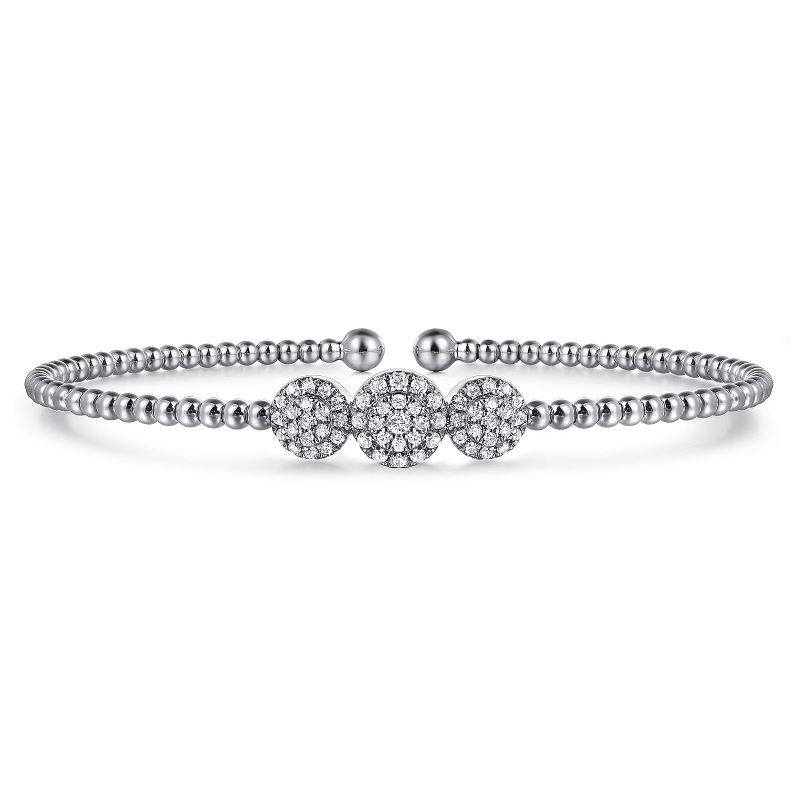 14K White Gold Bujukan Bead Cuff Bracelet with Three Pave Diamond Stations 14K White Gold Bujukan Bead Cuff Bracelet with Three Pave Diamond Stations