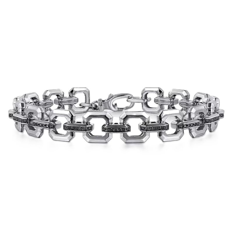 Sterling Silver Men's Link Chain Tennis Bracelet with Black Spinel Connectors Sterling Silver Men's Link Chain Tennis Bracelet with Black Spinel Connectors