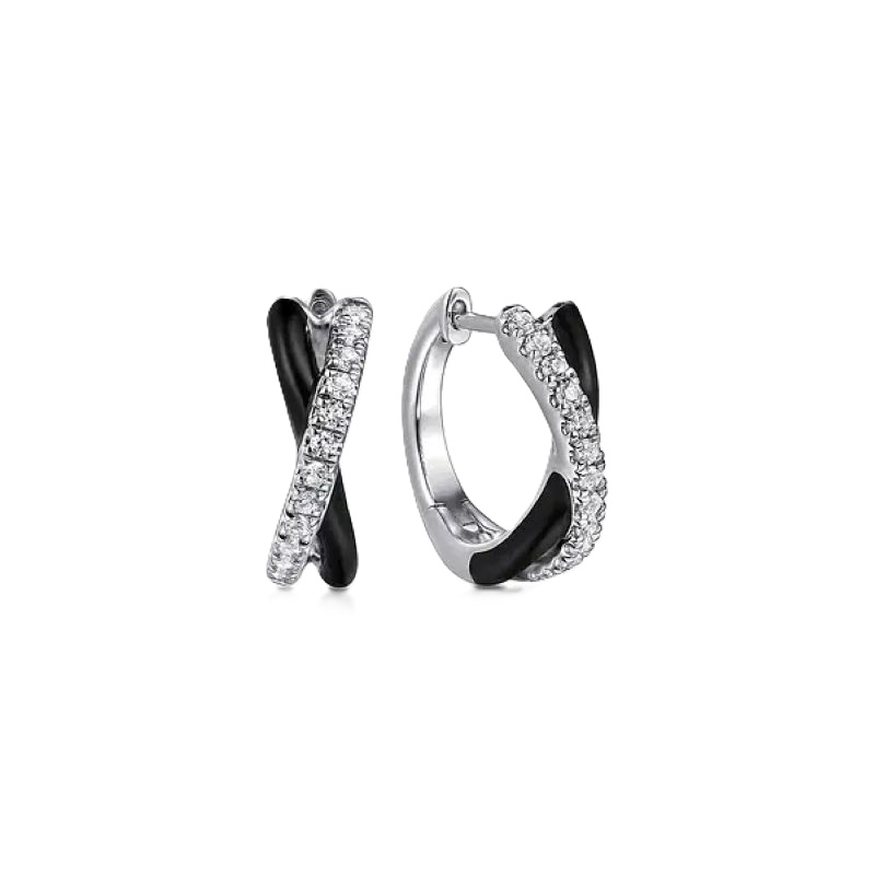 Sterling Silver White Sapphire Criss Cross Huggies with Black Enamel Sterling Silver White Sapphire Criss Cross Huggies with Black Enamel