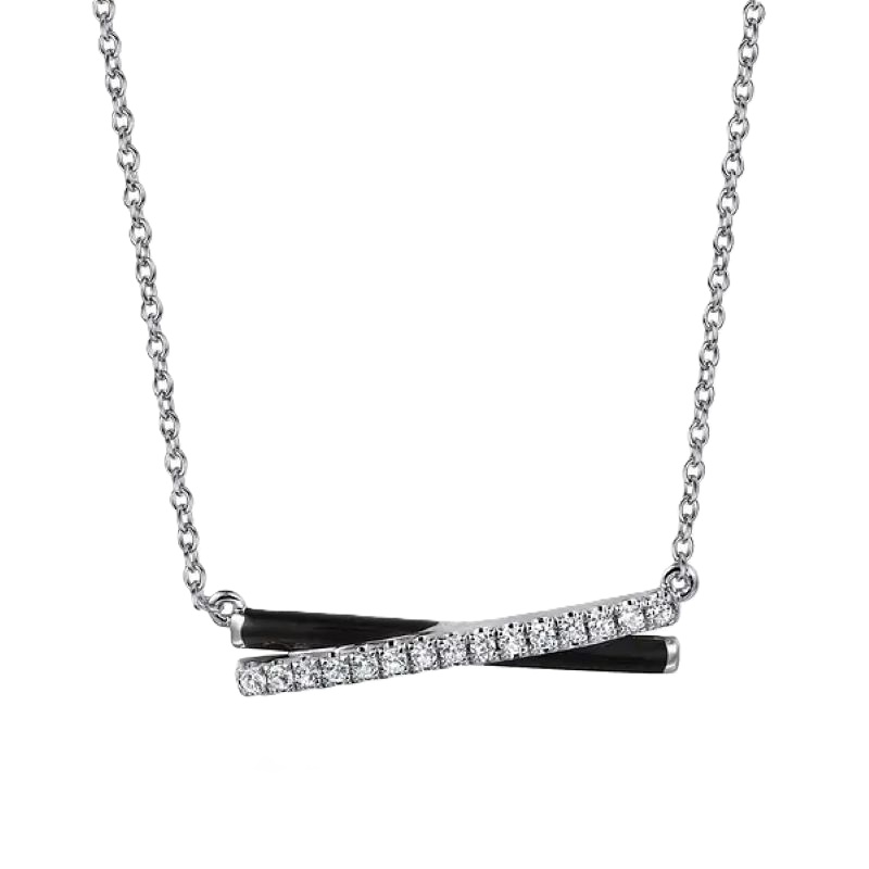 Sterling Silver White Sapphire Criss Cross Bar Necklace with Black Enamel Sterling Silver White Sapphire Criss Cross Bar Necklace with Black Enamel