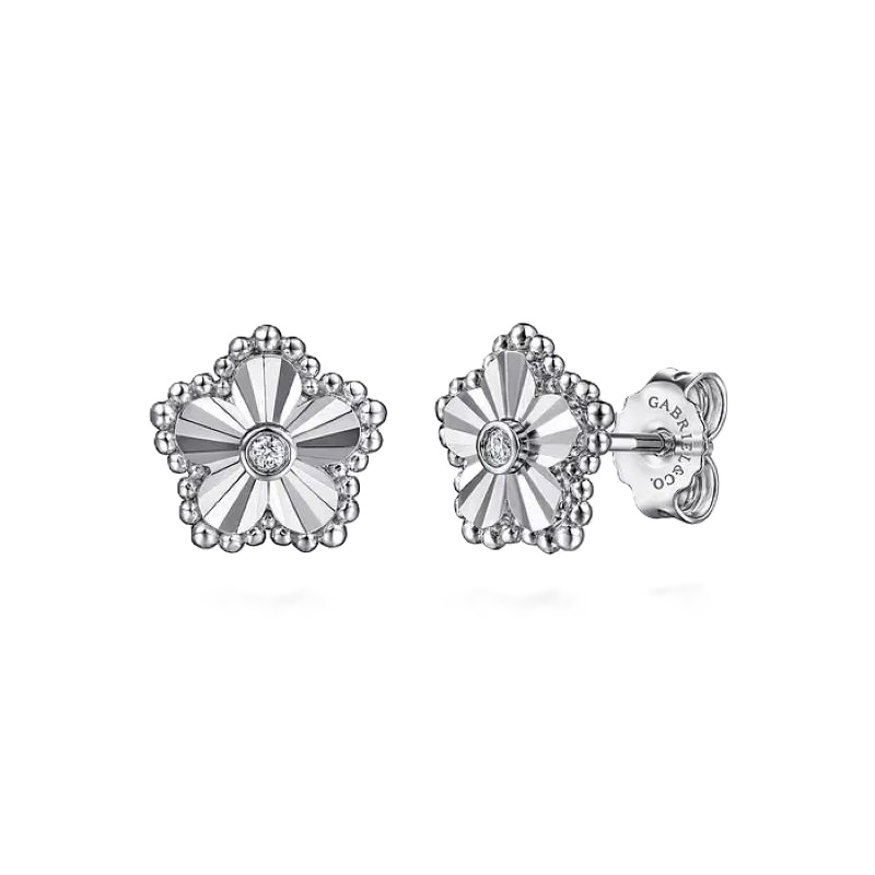Sterling Silver Diamond Bujukan Frame Flower Diamond Cut Stud Earrings Sterling Silver Diamond Bujukan Frame Flower Diamond Cut Stud Earrings