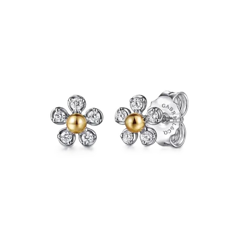 14K Yellow Gold & Sterling Silver Diamond Flower Stud Earrings 14K Yellow Gold & Sterling Silver Diamond Flower Stud Earrings