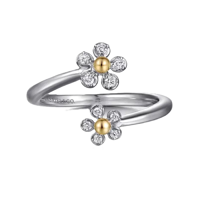 14K Yellow Gold & Sterling Silver Diamond Flower Bypass Ring 14K Yellow Gold & Sterling Silver Diamond Flower Bypass Ring