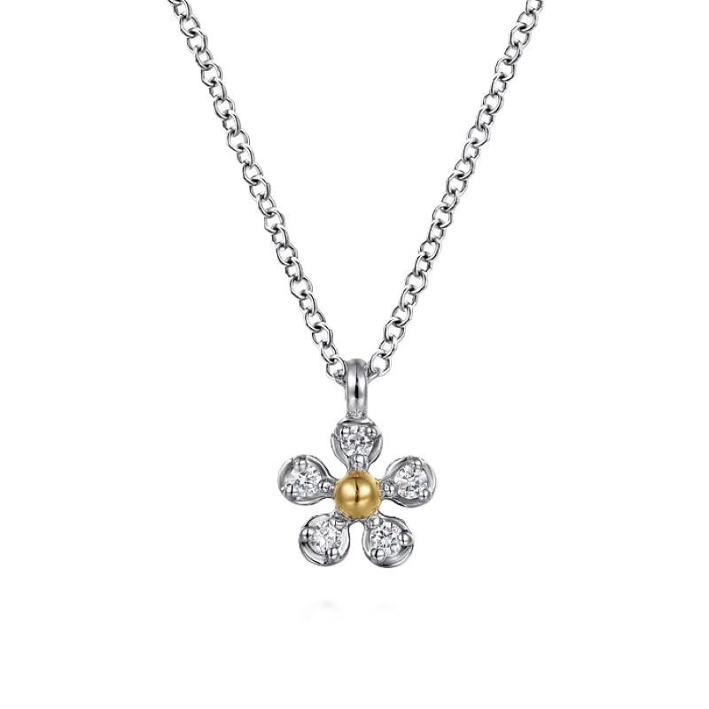 14K Yellow Gold & Sterling Silver Diamond Flower Pendant Necklace 14K Yellow Gold & Sterling Silver Diamond Flower Pendant Necklace