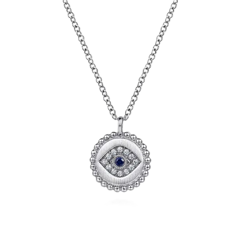 Sterling Silver Sapphire and Diamond Evil Eye Pendant Necklace Sterling Silver Sapphire and Diamond Evil Eye Pendant Necklace