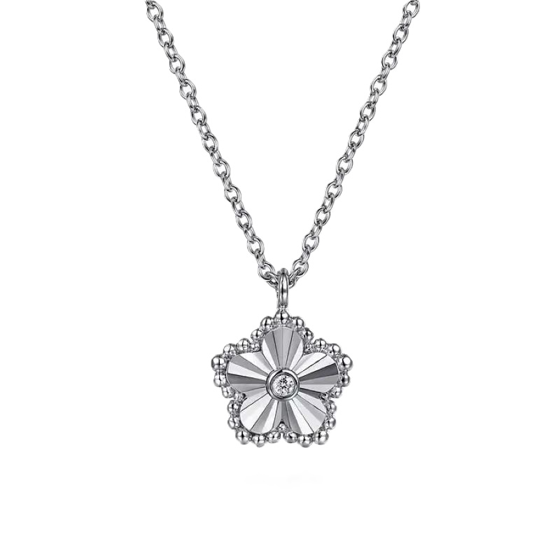 Serling Silver Diamond Bujukan Frame Flower Diamond Cut Pendant Necklace