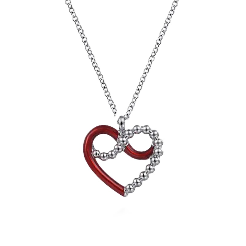 Sterling Silver Beaded & Chrome Red Enamel Heart Pendant Sterling Silver Beaded & Chrome Red Enamel Heart Pendant