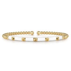 14K Yellow Gold Bujukan Beads and Pyramid Split Bangle with White Enamel thumbnail 1