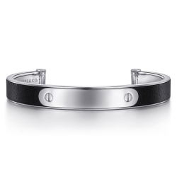 Men's Sterling Silver and Leather ID Cuff Bracelet thumbnail 1