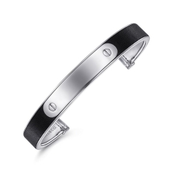 Men's Sterling Silver and Leather ID Cuff Bracelet thumbnail 2