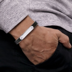 Men's Sterling Silver and Leather ID Cuff Bracelet thumbnail 4