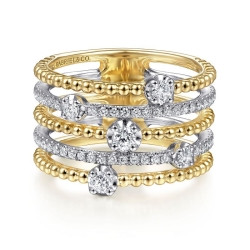 14K White-Yellow Gold Five Row Bujukan Ball and Diamond Station Ring thumbnail 1