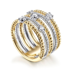 14K White-Yellow Gold Five Row Bujukan Ball and Diamond Station Ring thumbnail 2