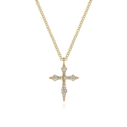 14K Yellow Gold Sculpted Diamond Cross Pendant Necklace thumbnail 1