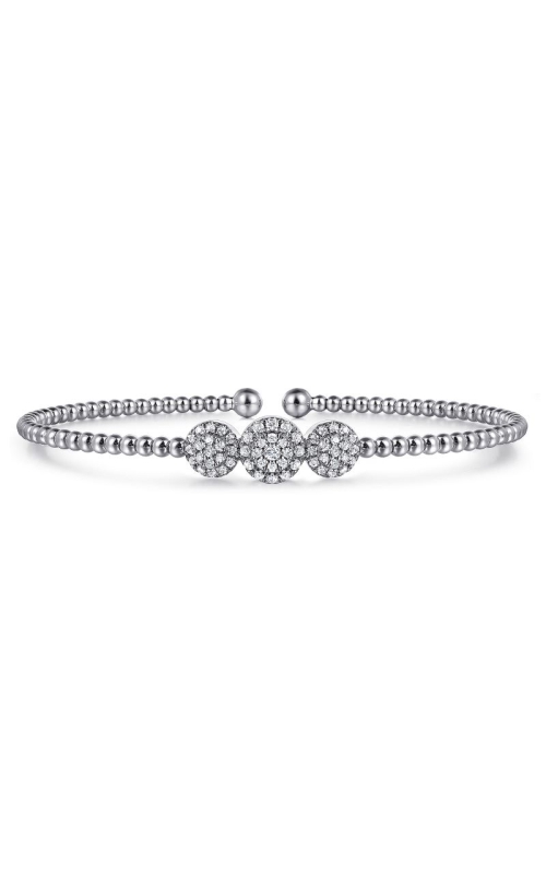 14K White Gold Bujukan Bead Cuff Bracelet with Three Pave Diamond Stations