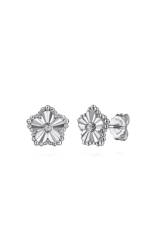 Sterling Silver Diamond Bujukan Frame Flower Diamond Cut Stud Earrings