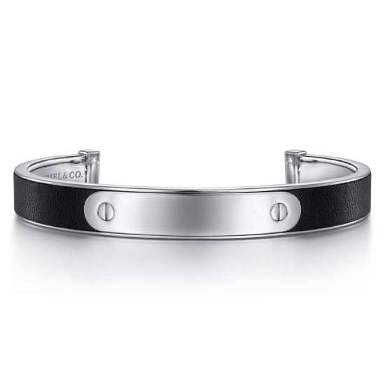 Men's Sterling Silver and Leather ID Cuff Bracelet