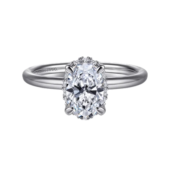 14k White Gold Diamond Hidden Halo Oval Solitaire Semi Mount