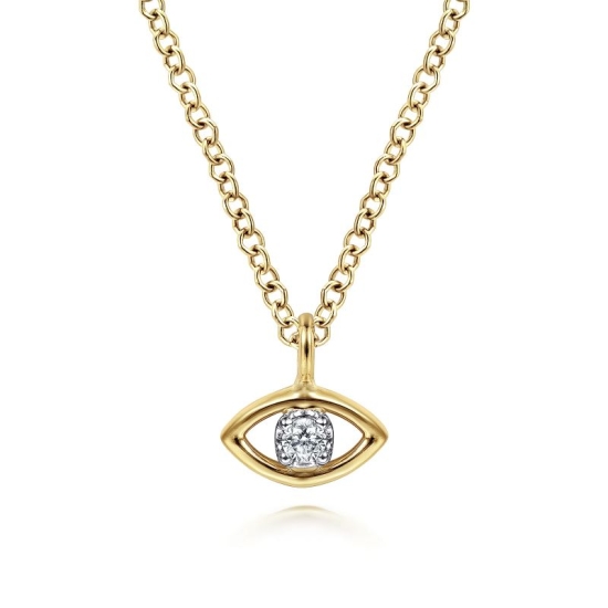 14K Yellow-White Gold Diamond Evil Eye Pendant Necklace