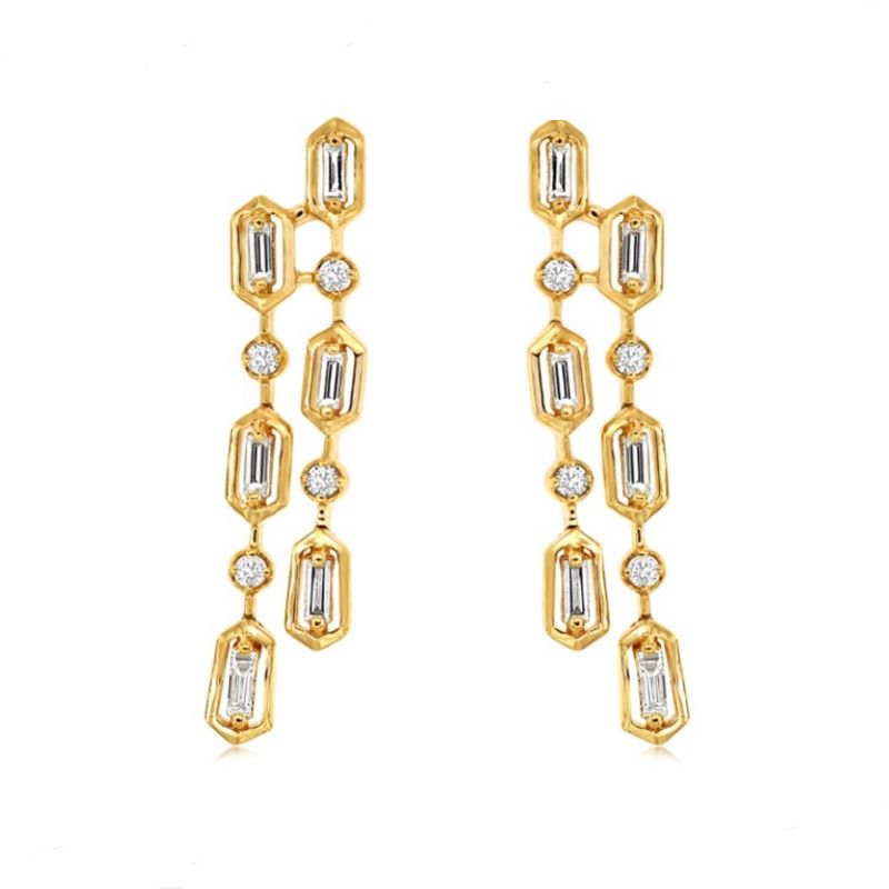 14k Yellow Gold .40cttw Round/Baguette Diamond Dangle Earrings