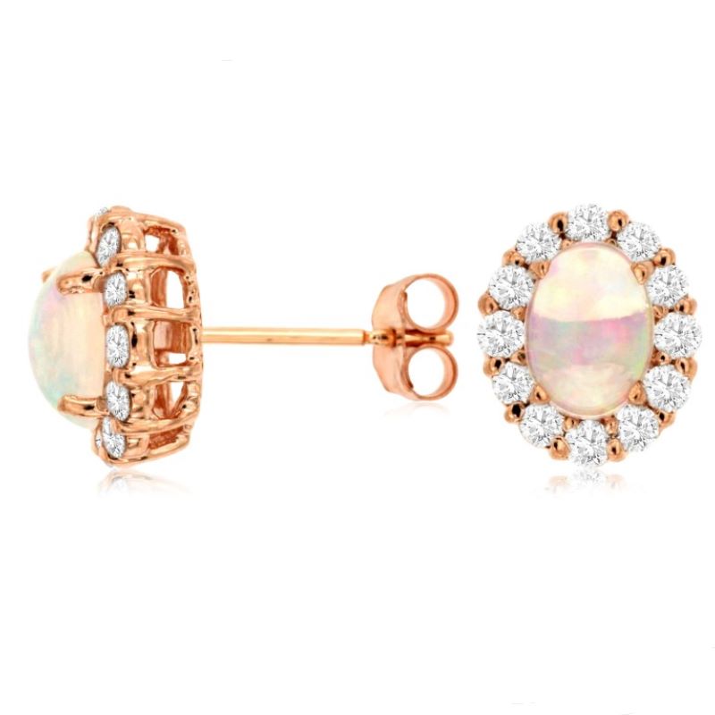 14k Rose Gold 1.00cttw Oval Opal & .60cttw Round Diamond Halo Stud Earrings 14k Rose Gold 1.00cttw Oval Opal & .60cttw Round Diamond Halo Stud Earrings