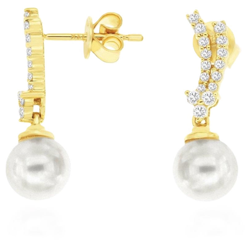 14k Yellow Gold Pearl & Diamond Dangle Earrings 14k Yellow Gold Pearl & Diamond Dangle Earrings