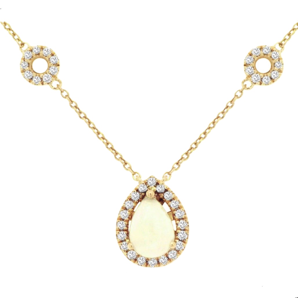 14k Yellow Gold Opal & Diamond Halo Necklace