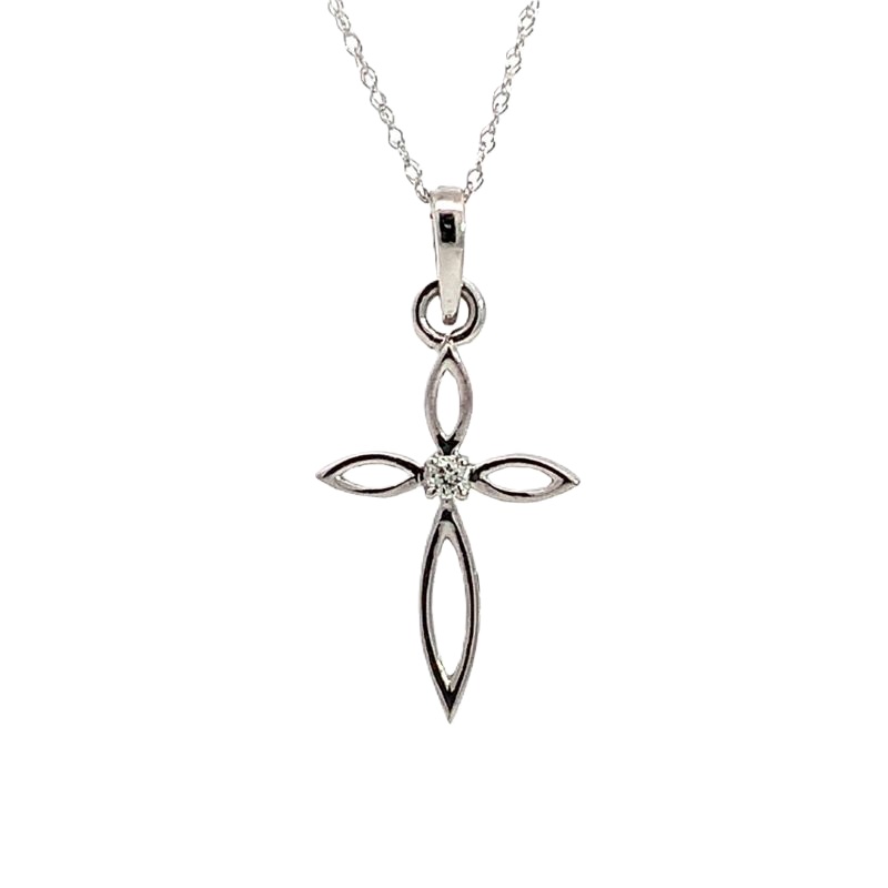 14k White Gold Diamond Open Cross Pendant