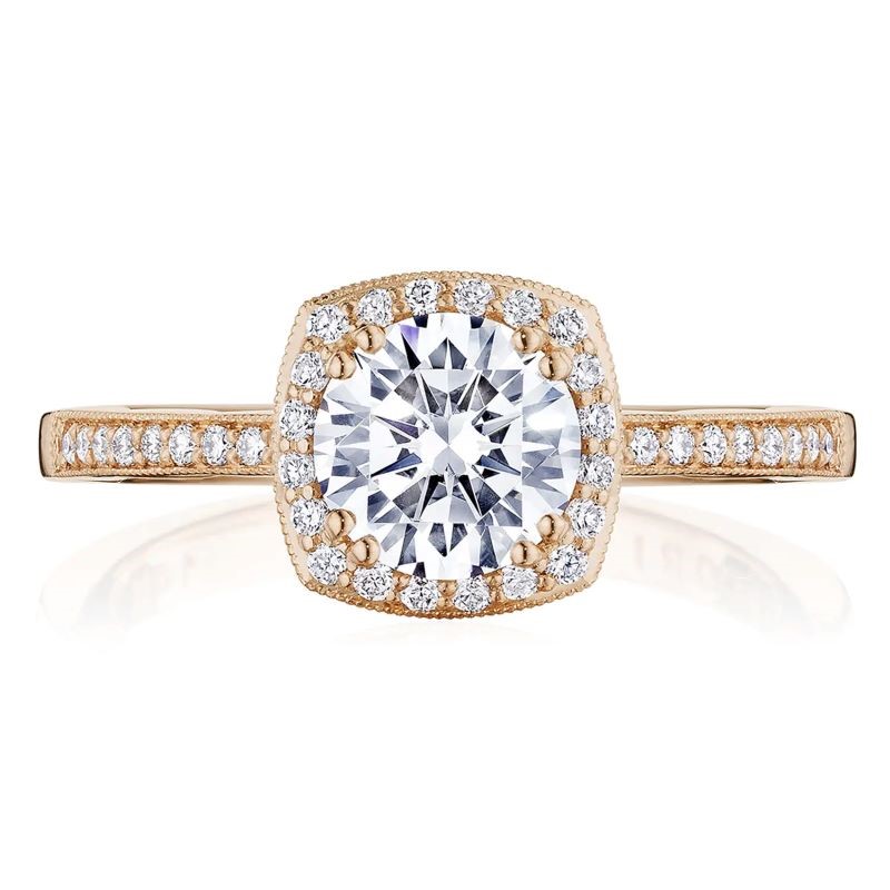 14K Rose Gold Halo Cushion Cut Diamond Ring Semi Mount 14K Rose Gold Halo Cushion Cut Diamond Ring Semi Mount